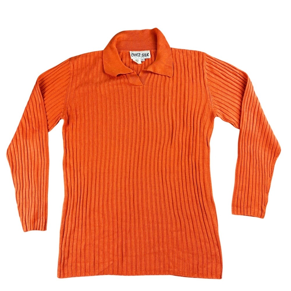 Vintage Chez Silk Sweater Polo M Orange Ribbed 100% Silk‎ Collared Long Sleeve
